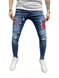 Slim Fit Ripped Cotton Jeans, Men's Casual Street Style Paint Splatter Chain Decor Distressed Mid Stretch Denim Pants For Spring Summer