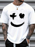 kkboxly  Men's Casual Trendy Smile Graphic Print Comfortable Crew Neck Short Sleeve T-shirts, Summer Top Tees