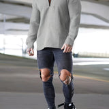 kkboxly  Waffle Pattern Sweatshirt, Men's Casual V Neck Slightly Stretch Pullover Shirt For Autumn Winter