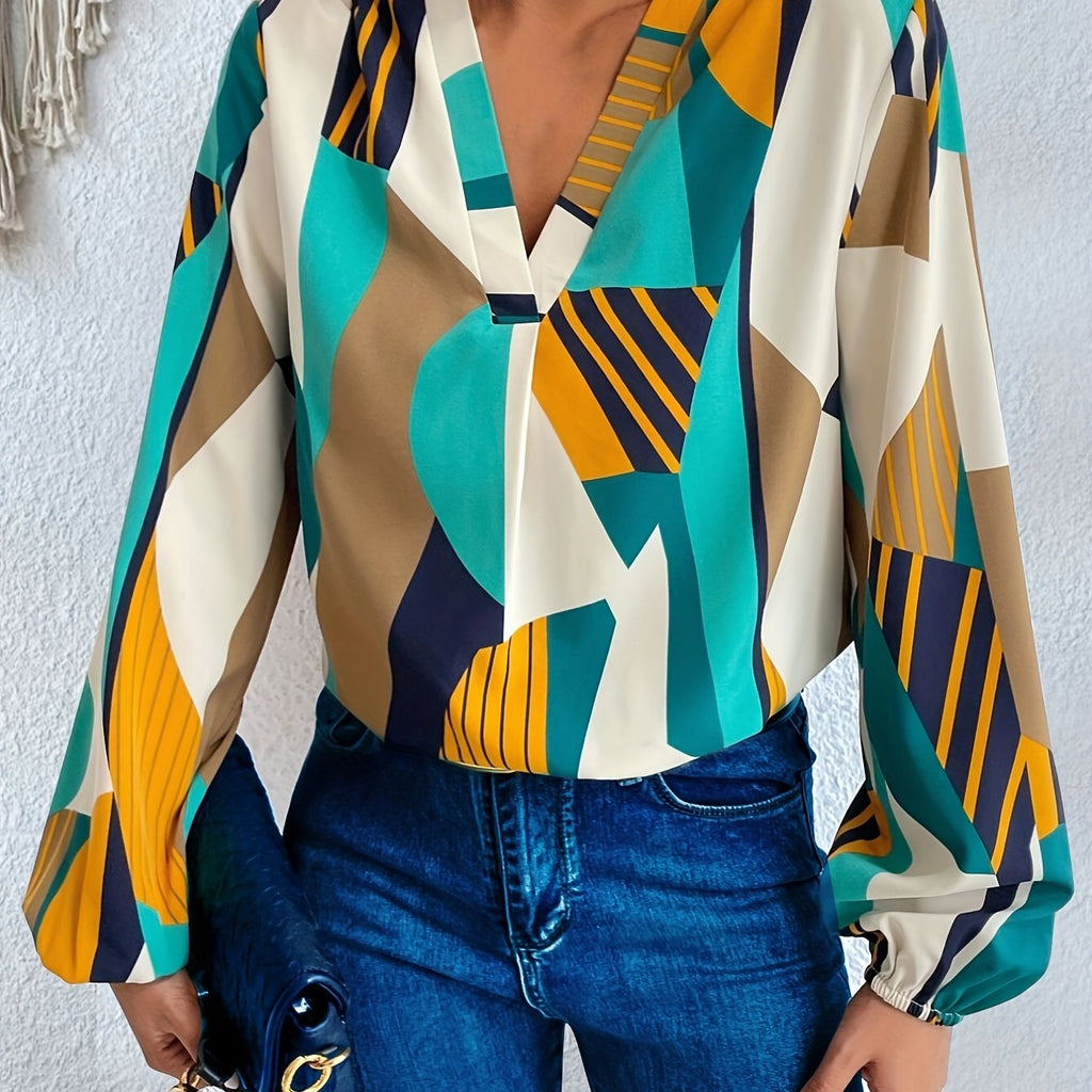 kkboxly  Geo Print V-neck Blouse, Casual Long Lantern Sleeve Blouse For Spring & Fall, Women's Clothing