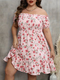 kkboxly  Plus Size Casual Dress, Women's Plus Floral Print Shirred Lettuce Trim Off Shoulder Smock Dress