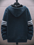 Men's Striped Fleece Hooded Cardigan, Casual Slightly Stretch Breathable Zip Up Thermal Jacket For Fall Winter Outdoor