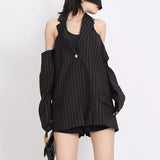 kkboxly  Striped Blazers For Women Halter Collar Long Sleeve Off Shoulder Backless Blazer