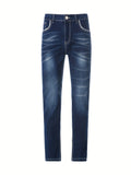kkboxly  Slim Fit Straight Leg Jeans, Men's Casual Street Style Distressed Medium Stretch Denim Pants For All Seasons