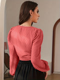 kkboxly  Solid Knotted Blouse, Elegant V Neck Lantern Sleeve Blouse, Women's Clothing