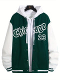 kkboxly Plus Size Men's "CHICAGO" Print Baseball Jacket Oversized Band Collar Jacket For Spring/autumn, Men's Clothing