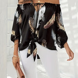 kkboxly  Plus Size Elegant Top, Women's Plus Sunflower Print Off Shoulder Drawstring Lantern Sleeve Cut Out Top