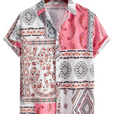 kkboxly Paisley Print Men's Casual Short Sleeve Mismatch Shirt, Men's Shirt For Summer Vacation Resort