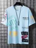 kkboxly  Men's Stylish Slogan Print Trendy T-shirt, Crew Neck Short Sleeve Tops, Graphic Tee Men's Clothes Summer, Men's Outfits