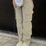 kkboxly  Plain High Rise Cargo Denim Pants, Loose Solid Color Retro Cargo Jeans, Street Casual Style, Women's Denim Jeans & Clothing