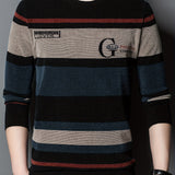 All Match Knitted Color Block Sweater, Men's Casual Warm High Stretch Crew Neck Pullover Sweater For Men Fall Winter