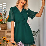 kkboxly  Swiss Dot Surplice Neck Dress, Casual Ruffle Trim Short Sleeve Dress, Women's Clothing