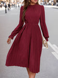 Solid Color Pleated Dress, Elegant Long Sleeve Dress For Spring & Fall, Women's Clothing