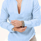 kkboxly  Men's Shirt Top V Neck Breathable Beach Shirt Long Sleeves Closure Regular Fit Solid Color Male Casual Shirt For Daily Vacation Resorts
