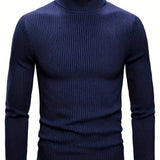 kkboxly Turtle Neck Knitted Slim Fit Sweater, Men's Casual Warm Solid High Stretch Pullover Sweater For Fall Winter