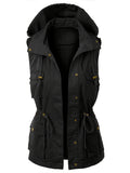 kkboxly  Plus Size Casual Coat, Women's Plus Solid Button Down Drawstring Hooded Vest Top With Flap Pockets
