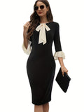 kkboxly  Tie Neck Slim Dress, Elegant Ruffle Trim 3/4 Sleeve Midi Dress, Women's Clothing