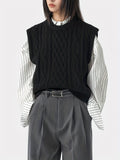 Solid Chunky Knitted Sweater Vest, Vintage Crew Neck Sweater Vest For Fall & Winter, Women's Clothing
