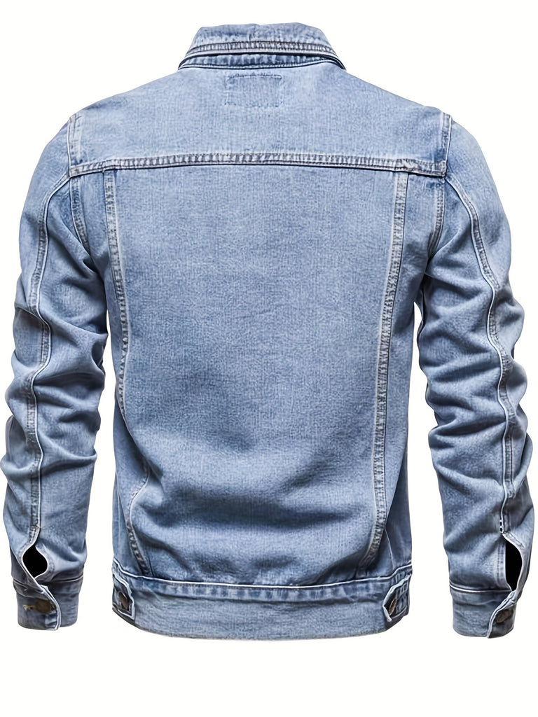 kkboxly Men's Chic Denim Jacket, Street Style Lapel Button Up Multi Pocket Jacket Coat