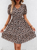 kkboxly  Leopard Print V Neck Dress, Casual Short Sleeve Elastic Waist Dress For Spring & Summer, Women's Clothing