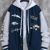 kkboxly Letter Print Varsity Jacket, Men's Casual Baseball Jacket Coat Regular Fit College Hipster Windbreaker For Spring Autumn