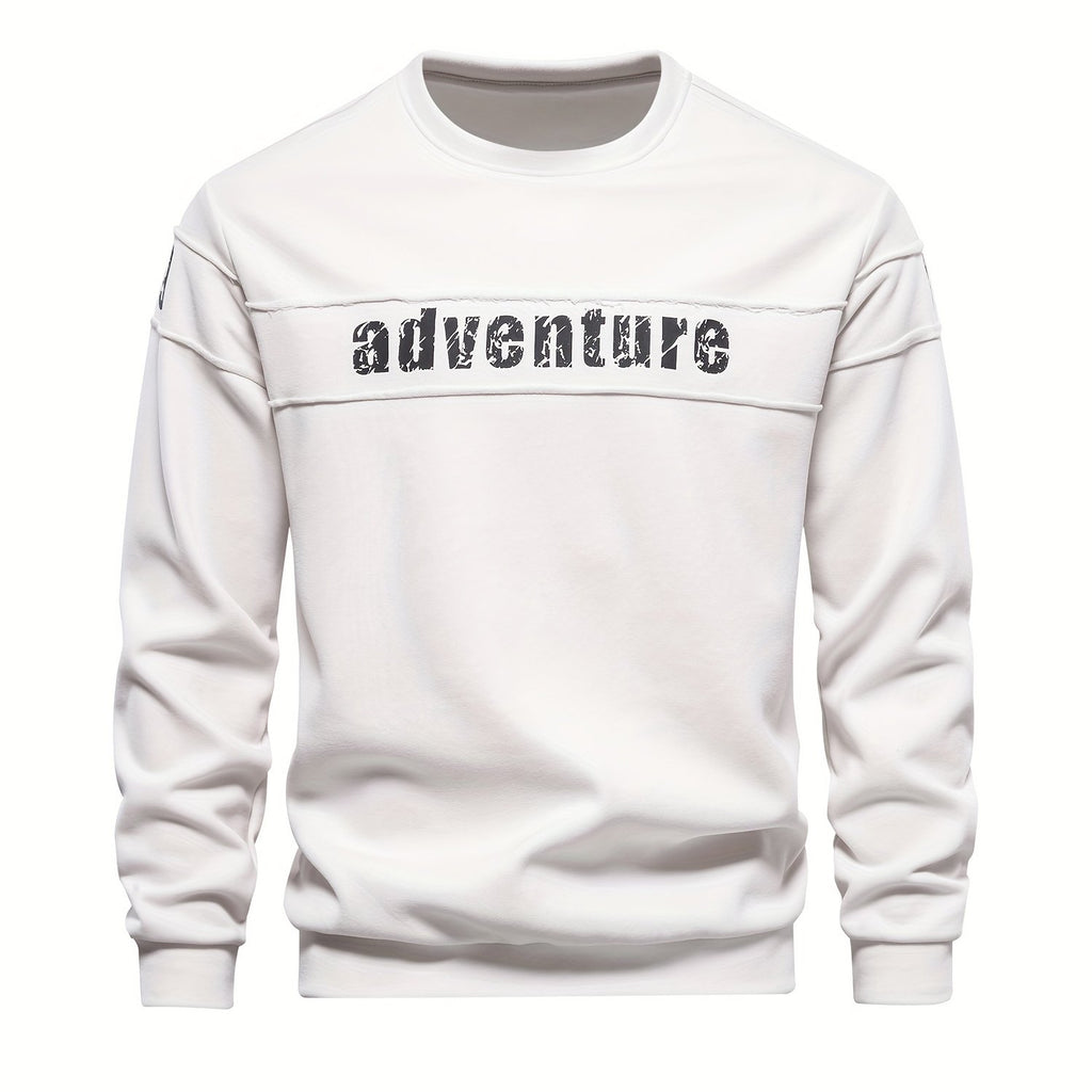 kkboxly  Adventure Letter Print Trendy Cotton Blend Sweatshirt, Men's Casual Graphic Design Crew Neck Pullover Sweatshirt For Men Fall Winter