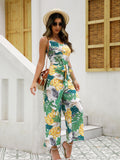 kkboxly  Boho Tropical Print Wide Leg Jumpsuit, Boho V-neck Sleeveless Tank Jumpsuit, Women's Clothing