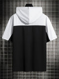 kkboxly  Thin Material, Men's Black And White Casual Short Sleeve Hooded T-shirt