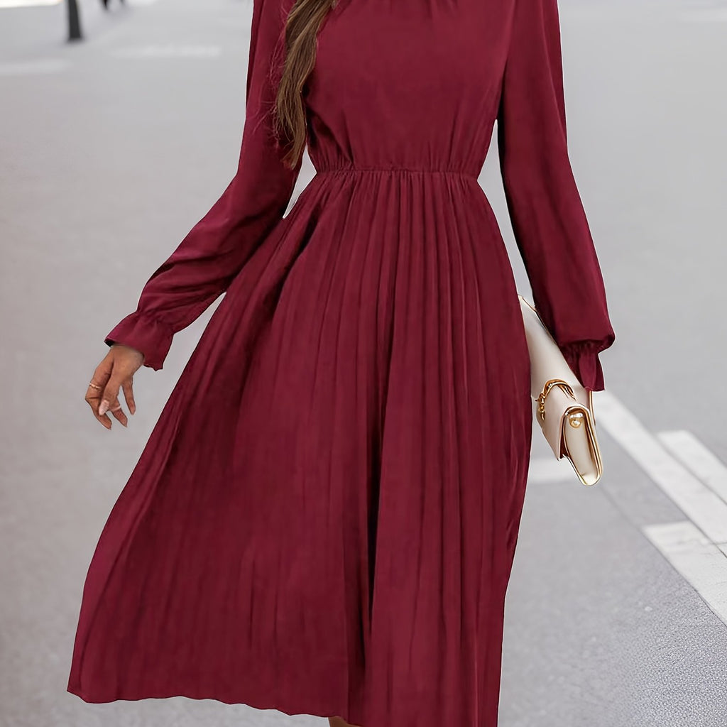 Solid Color Pleated Dress, Elegant Long Sleeve Dress For Spring & Fall, Women's Clothing