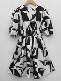 kkboxly  Geometric Print Ruched Dress, Casual Plunging Puff Sleeve Dress For Spring & Summer, Women's Clothing