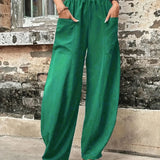 2025 kkboxly  Boho Solid Elastic Waist Harem Pants, Casual Long Length Baggy Pants With Pockets For Spring & Summer, Women's Clothing