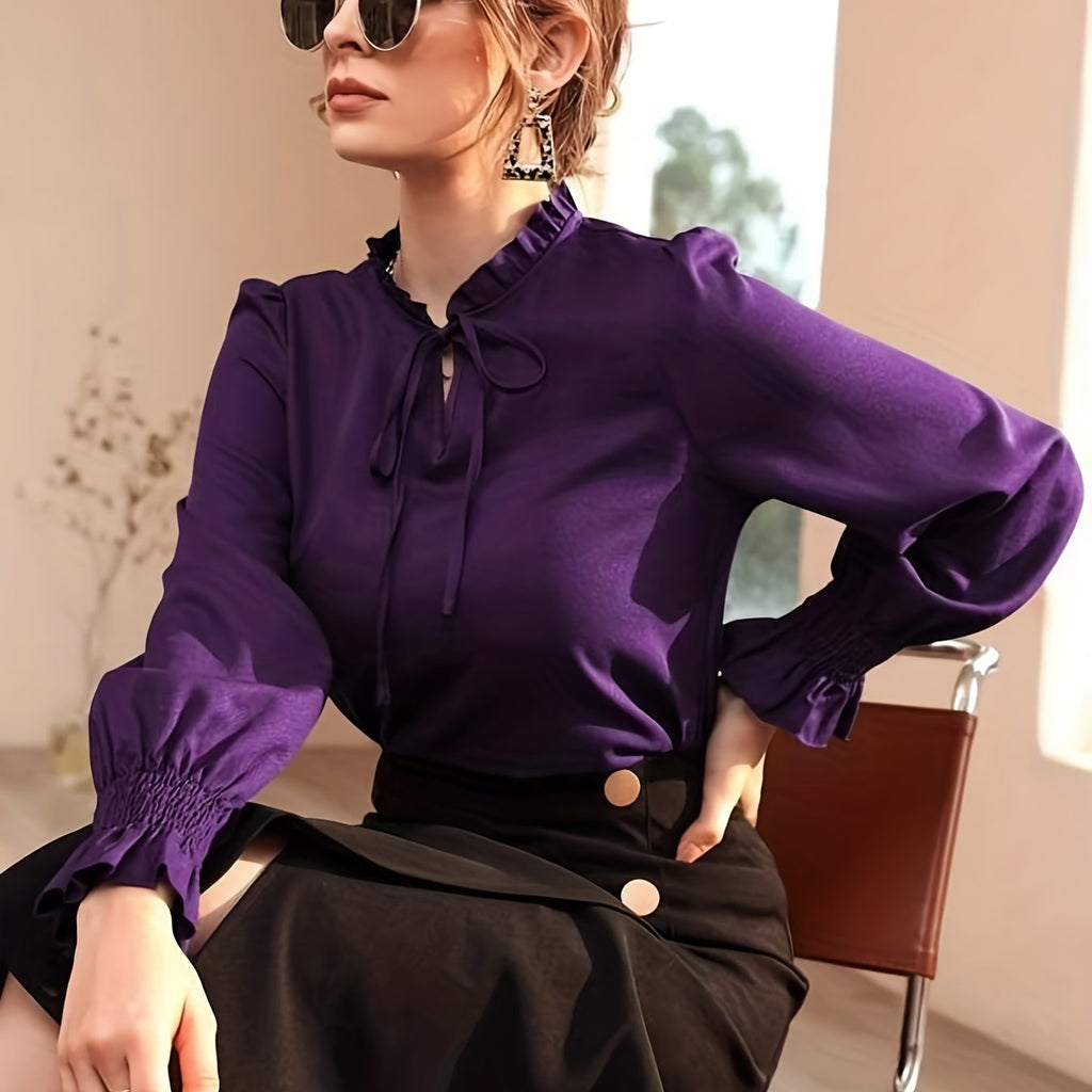 kkboxly  Tie Front Ruffle Trim Blouse, Elegant Solid Long Sleeve Blouse, Women's Clothing