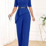 kkboxly  Ruffle Trim Solid Jumpsuit, Elegant Short Sleeve Wide Leg High Waist Jumpsuit, Women's Clothing