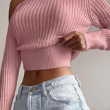 kkboxly  Ribbed Asymmetrical Neck Knit Crop Sweater, Sexy Cold Shoulder Long Sleeve Pullover Sweater, Women's Clothing