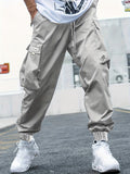 kkboxly  Plus Size Men's Drawstring Cargo Pants: Letters Print, Multi-Pocket Design, Perfect For Outdoor Activities