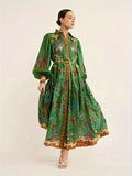kkboxly  Peacock Print V Neck Dress, Elegant Lantern Sleeve Belted Dress, Women's Clothing