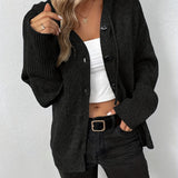 kkboxly  Button Up Drawstring Hooded Cardigan, Causal Solid Long Sleeve Cardigan For Spring & Fall, Women's Clothing