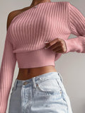 kkboxly  Ribbed Asymmetrical Neck Knit Crop Sweater, Sexy Cold Shoulder Long Sleeve Pullover Sweater, Women's Clothing
