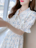 kkboxly  Floral Print Shirred Waist Dress, Elegant Short Sleeve Dress For Spring & Summer, Women's Clothing