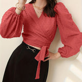 kkboxly  Solid Knotted Blouse, Elegant V Neck Lantern Sleeve Blouse, Women's Clothing