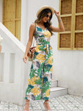 kkboxly  Boho Tropical Print Wide Leg Jumpsuit, Boho V-neck Sleeveless Tank Jumpsuit, Women's Clothing