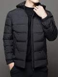 kkboxly  Men's Stylish Solid Puffer Coat With Pockets, Casual Breathable Zip Up Long Sleeve Warm Hooded Top For City Walk Street Hanging Winter Outdoor Activities
