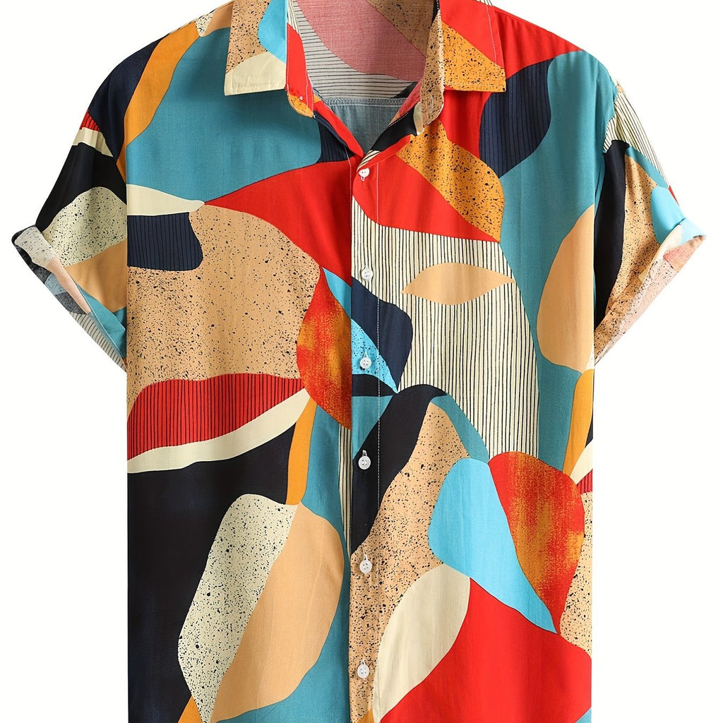 kkboxly  Men's Color Block Lapel Short Sleeve Shirt