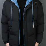 kkboxly  Men's Hooded Padded Jacket, Men Casual Fake Two Piece Padded Coat Windbreaker Zipper For Men Winter