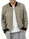 Flannel Varsity Bomber Jacket, Men's Casual Baseball Jacket Coat Regular Fit College Hipster Windbreaker For Spring Autumn