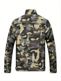 kkboxly  Chic Camouflage Print Denim Jacket, Men's Casual Cotton Multi Pocket Jacket