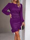 kkboxly  Solid Crew Neck Dress, Elegant Long Sleeve Ruffle Hem Dress, Women's Clothing