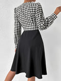 kkboxly Houndstooth Print Splicing Dress, Elegant V Neck Long Sleeve Dress, Women's Clothing