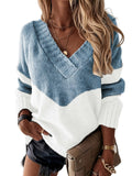 Color Block Simple Knit Sweater, Casual V Neck Long Sleeve Sweater, Women's Clothing