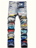 kkboxly  Men's Skull Jeans Distressed Punk Denim Pants Graffiti Print Slim Hip Hop Ripped Jeans